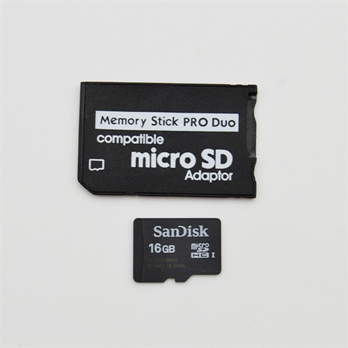 PSP Memory Card - SanDisk Micro SD HC1 Memory Card + Memory Stick Pro Duo Micro SD Adapter - 16GB (B Grade) (Genbrug)